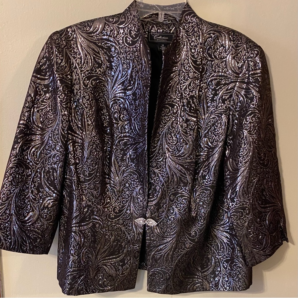 DRESSBARN COLLECTION Black Silver Evening Jacket 14 Lined Rhinestone Clip